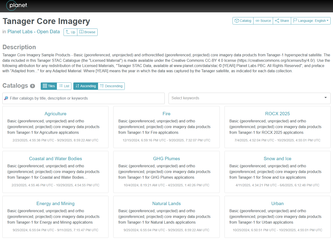 Planet Open Data STAC interface showing the page layout and available domains for Tanager-1 scenes